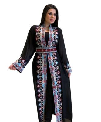 China D0034 Dubai Embroidery Abaya Kaftan Breathable Luxury Turkish Black Traditional Costume With Belt Plus Size Low Waist Dress Set Long Robe Moq Custom for sale