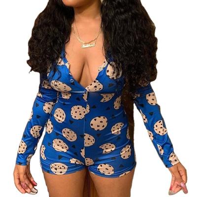 China Autumn Winter Women Skinny Jumpsuit Cheeky Sexy Long QUICK DRY V-Neck Sleeve Print Body Suit Romper Slim Fit Overalls for sale