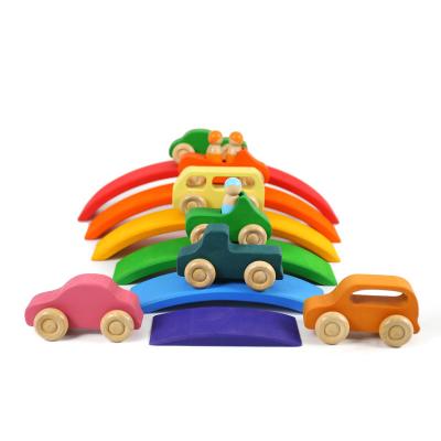 China Wood 7 Cars Kids Stack Rainbow High Curved Grimms Blocks Toys Wooden Infant Toddler Cars Bulky Wooden Toy for sale