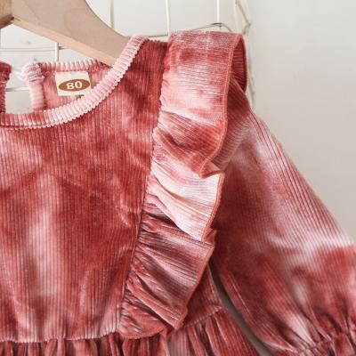 China 2021 European and American baby long sleeve corduroy Anti-wrinkle dyed ruffles bead button dress for sale