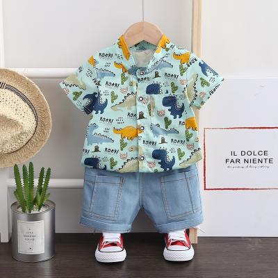 China Summer New Kids Boys Sleeve Shirt Formal Short Denim Shorts Two Piece Set For Babies And Kids Cartoon Dinosaur Custom for sale