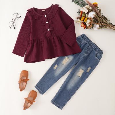 China Autumn Girls Clothing Sets Long 2021 casual sleeved clothes and jeans 2 pieces set girls clothes for sale