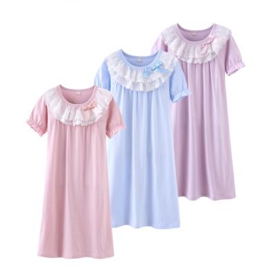 China Female Polyester Sleep Dress Soft Cotton/Shorts Sleeve Summer Cotton Girls Loungewear Mini Dress With White Lace Trim for sale