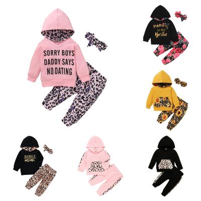 China Anti-wrinkle Baby Winter Infant Outfits Cobblestone Girl Clothes Long Sleeve Hoodie Sweatshirt Leopard Print Pants With Headband Outfit Sets for sale