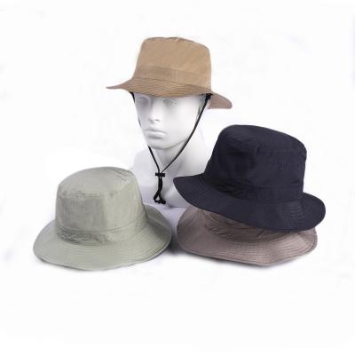 China Custom Waterproof Logo Adjustable Chin Strap Wide Brimmed Blank Printed Nylon Waterproof Fishing Bucket Hats for sale