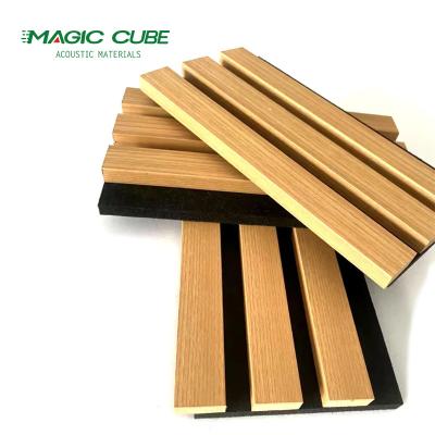 China 9mm/12mm Thickness Polyester MDF PET Acoustic Slat Wood Wall Panels with Veneer Finish for sale