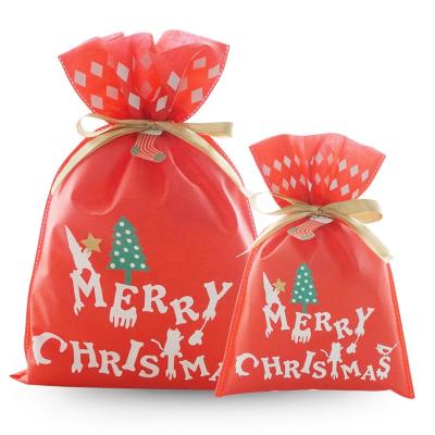 China Gift Wrapping Bag Christmas Tree Colorful Pattern Printed Biodegradable Drawstring Plastic Packaging Christmas Bag for sale