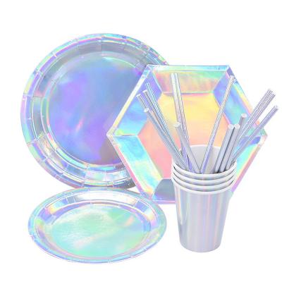 China Decoration Laser Disposable Tableware Sets Frozen Silver Straw Valentine's Day Paper Cups Paper Plates New Years Eve Party Supplies Decorations for sale