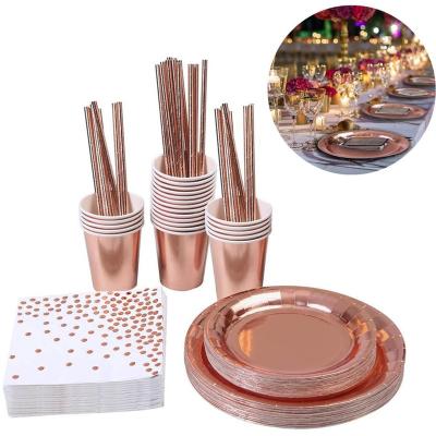 China Decoration Tableware Disposable Dishes Rose Gold Champagne Paper Deep Plate Straws Kids Birthday Baby Shower Party Decorations Set Supplies for sale