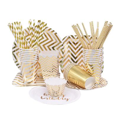 China Decoration Gold Striped Disposable Birthday Christmas Tableware Paper Plates Set Disposable Christmas Party Supplies Cups Dishes for sale