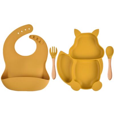 China Wholesale Washable Cartoon Dish Fork Spoon Waterproof Crumb Pouch Feeding Silicone Baby Empty Bib With Snaps for sale