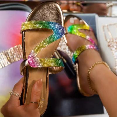 China Fashion Trend Summer Rhinestone PU Slips Causal Flats Flip Flops Beach Slippers Women Shoes for sale