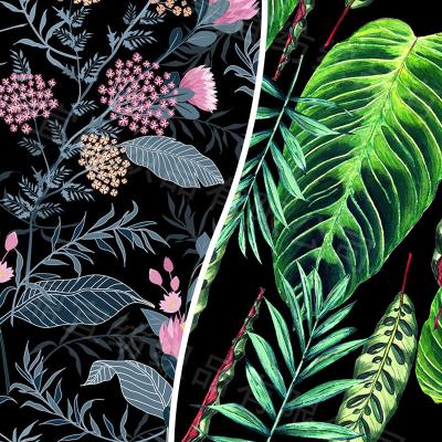 China Tear-resistant wholesale woven simple style printed fabrics in 100% polyester tropical plants pattern (13 patterns) for clothing, bag, ect for sale