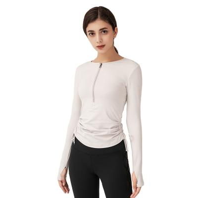 China Breathable Quick Dry Zipper Half Pullover Long Sleeve Fitted Yoga Running Tops For Women Workout Shirts Drawstring Side for sale