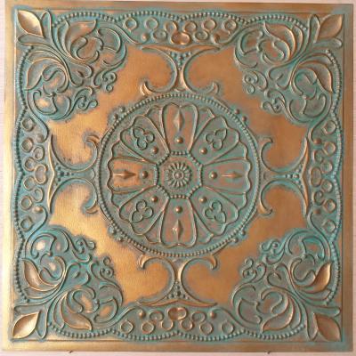 China Artistic Ceilings Tin Ceiling Tiles Faux Painted Vintage Green Gold Color Decorative Wall Panel PL71 for sale