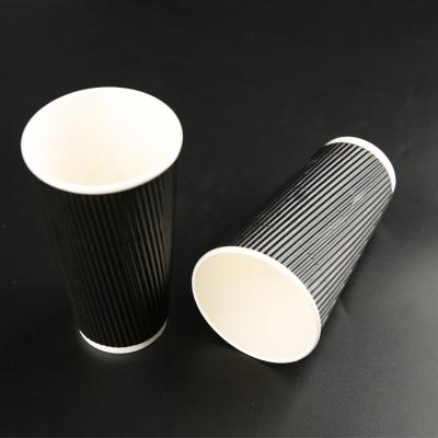 China Recyclable Disposables Take Away Food Grade Biodegradable Hot Drink Printing Ink Ripple Wall Coffee Black Corrugated Disposable Paper Cup for sale