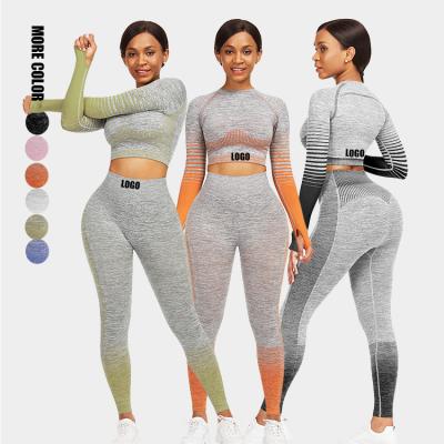 China Breathable Customs Fitness Women Two Piece Clothing Set High Waist Yoga Sets Pants Long Sleeve Activewear Seamless Yoga Sets for sale