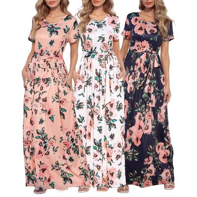 China Women's Casual Dresses Women's Tie Waist Floral Print Breathable Long Length Floral Dress for sale