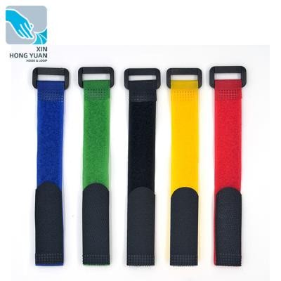 China Custom Nylon Logo Printed Colorful Reusable Battery Hook And Loop Soft Strap Cable Ties With Plastic Buckle for sale