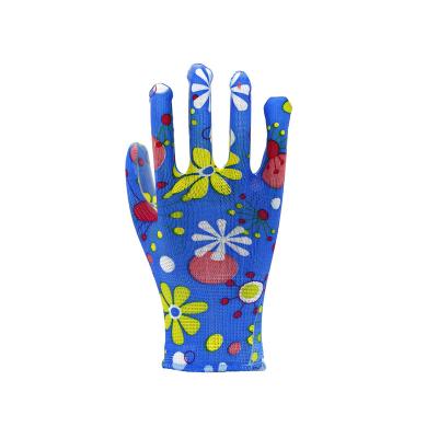 China Flower Color Coating PU Glove Wear Resistant PU Coated Garden Work Gloves for sale