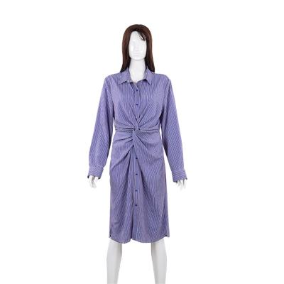 China Anti-Wrinkle Casual Fit Button-Front Front Wrap Pleated Purple Women Open Front Wrap Shirt Knot Striped Long Sleeve Stripe Shirt Office Dress for sale