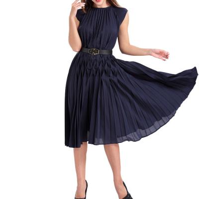 China Blue Smocked Bodice Women's Clothing Anti-Wrinkle Round Neck Solid Chiffon Dress Summer Long Pleated Casual Ladies Dress for sale