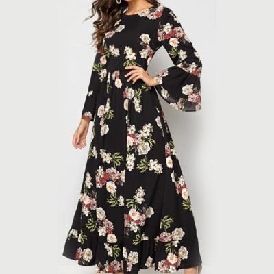 China Anti-wrinkle AW22 Customized Elegant Black Floral Lady Dress Sheath Long Maxi Long Casual Flower Print Cheap Women's Dresses for sale