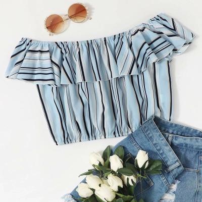 China Viable OEM Customized Manufacturer Custom Wholesale New Summer Stripe Off Shoulder Fashion Latest Lady Chiffon Tops for sale