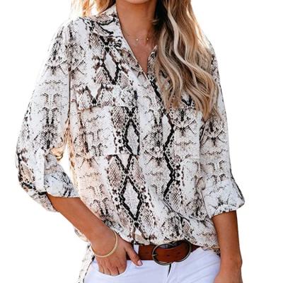 China Women's Summer Anti-Shrink Sleeve Snakeskin Print Casual V-Neck Button Down Long Shirts Tops Blouses for sale