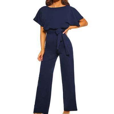 China Happy Sailed Anti-wrinkle Women Casual Loose Short Sleeve Belted Wide Leg Romper Overalls S-XL for sale