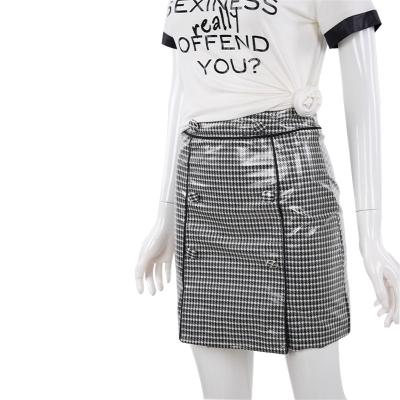 China Shiny Lady Sexy Anti-Static Womens Plaid Mini Skirt With Button PU Leather Office Plaid for sale