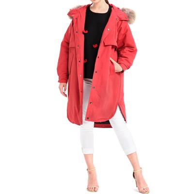 China Anti-wrinkle women thickening warm long parka for outwear red fox fur striped hooded jackets coat for sale