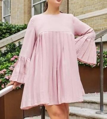 China Breathable Full Autumn Plus Size Loose Mini Flared Sheath O-neck Solid Color Women Pink Draped Casual Dresses for sale