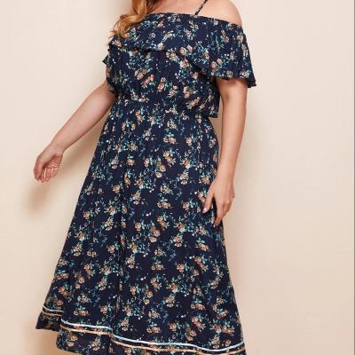 China Hot Anti-wrinkle Bohemia Square Collar Plus Size Flower Floral Print Casual Dress Slip Sling Loose Short Sleeve Fat Women Plus Size for sale