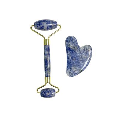 China Wholesale Blue Face Sodalite Stone Face Massage Roller Set For Facial Skin Care for sale