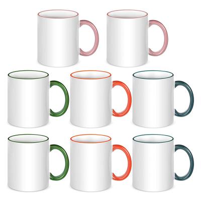 China 11 oz sublimation viable white ceramic coffee mug with colored rim and handle for sale