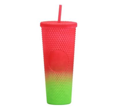 China Large capacity 16oz/24oz durian cup plastic bright color changing double layer straw rainbow gradient cup for sale