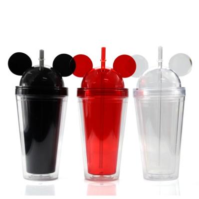 China Hot Selling Minimalist Plastic Drinking Bottle 450ml Mouse Ear Cup Double Wall Tumbler Mugs Eco-friendly Acrylic Mouse Mug for sale