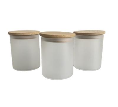 China Home Decoration 9oz 270ml Clear Frosted Glass Sublimation Storage Containers White Food Jars Sublimation Candle Holder With Bamboo Wooden Lids for sale