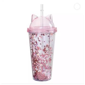 China Hot Cold Beverage Beverage Drinks Cup Cat Ear Straw Glitter Water Juice Double Cup Disposable Plastic Cute Wall for sale