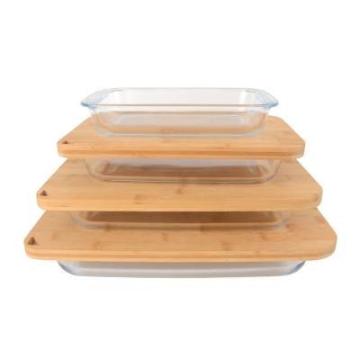 China Rectangle Heatable Meal Prep Glass Baking Dish Set With Bamboo Baking Dish Glass Top Borosilicate Glass Lid Bakeware. for sale