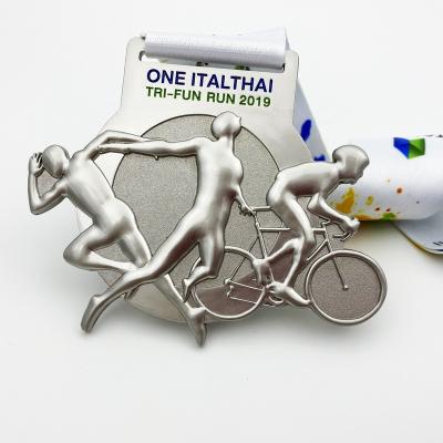 China 3D Medal Recycling Design Your Own 3D Matte Silver Ironman Cycling Bike Metal Racing Medal for sale