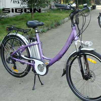 China CE 250W lithium battery motor electric bicycle aluminum alloy SIBON B0510111 suspension 26 inch 6 speed brushless purple vintage for sale