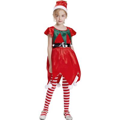 China Anti-wrinkle Bottom Up Girls Santa Claus Elf Dresses, Christmas Clothes Set With Hat Stocks For Kids Children Red for sale