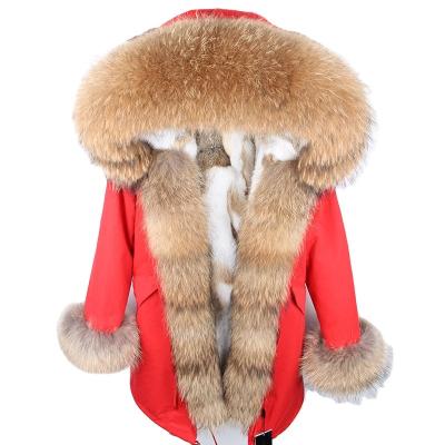 China Breathable Real Natural Green Fur Coat Army Red Natural Rabbit Fur Drop Ship Winter Raccoon Fur Collar Striped Parkas Winter Coat Women for sale