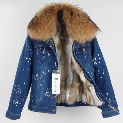 China Viable 2020 New Founder's Mid Jean Jacket Fluffy Shaggy Real Women's Blue Raccoon Fur Collar and Real Rabbit Fur Lining for sale