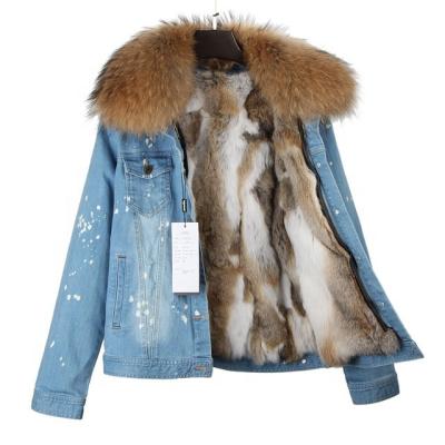 China Founder's Winter Sale Women's Viable Denim Series Light Blue Shaggy Long Fur Short Jacket Rabbit Fur Coating and Real Raccoon Fur Collar for sale