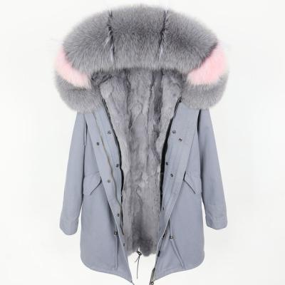 China 2020 New Winter Women's Real Rabbit Fur Coating And Hood Edge Real Fox Fur Shaggy Fluffy Big Fur Collar Waterproof Parka for sale