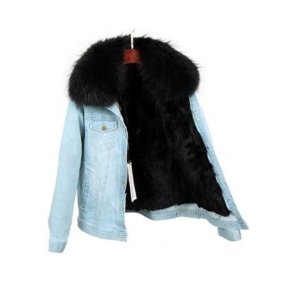 China Breathable Mid Denim Series Women Winter Fur Jacket Blue Fluffy Short Faux Fur Coating And Real Raccoon Fur Collar for sale