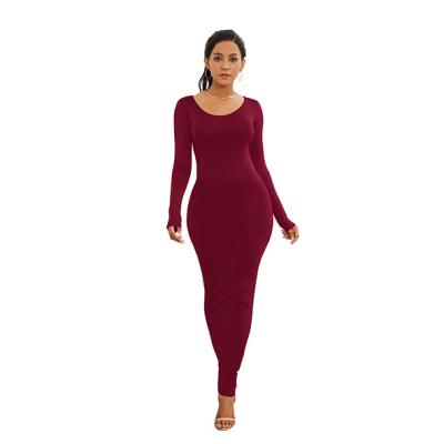 China Anti-Wrinkle Women's Maxi Long Fashionable Long Sleeve O-Neck Solid Color Women's Casual Bodycon Dresses for sale